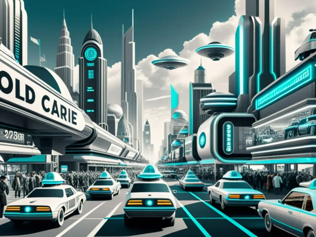 Una ilustración detallada en blanco y negro de una calle bulliciosa con elementos futuristas, destacando el impacto global de la inteligencia artificial en la sociedad urbana