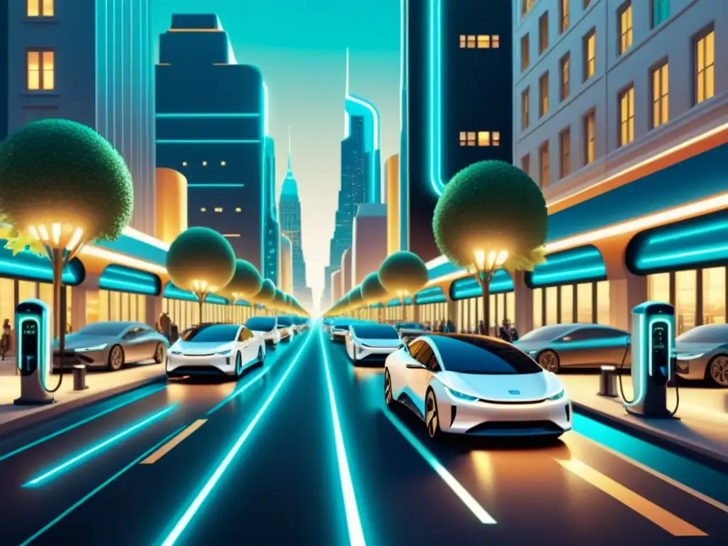 Una ilustración detallada de una bulliciosa calle de la ciudad con vehículos eléctricos futuristas conectados a estaciones de carga inteligentes