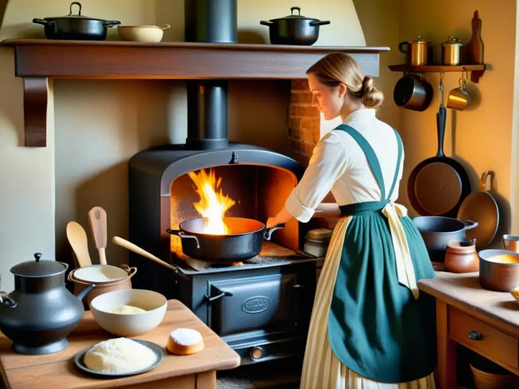 Escena hogareña del siglo XIX: Cocina vintage animada Una ilustración detallada de una bulliciosa cocina vintage del siglo XIX, con una estufa de hierro fundido, mujeres realizando tareas domésticas y una atmósfera acogedora que refleja el impacto de la revolución industrial en la vida doméstica