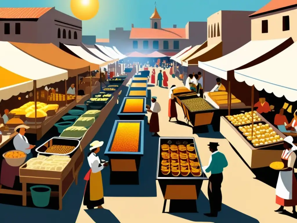 Una ilustración detallada de un bullicioso mercado histórico con variedad de cocinas solares