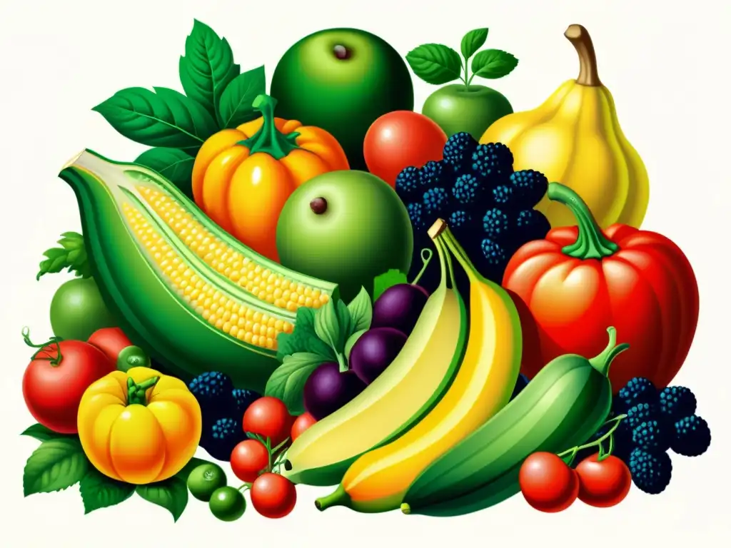 Una ilustración detallada de una cornucopia rebosante de frutas y verduras genéticamente modificadas