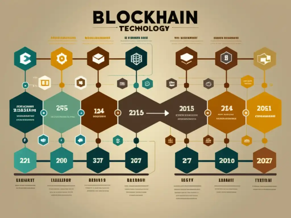 Una ilustración detallada al estilo vintage que muestra el desarrollo histórico del Blockchain en tonos terrosos y líneas delicadas