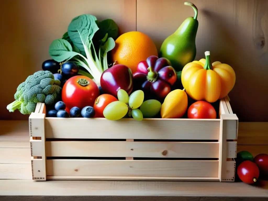 Una ilustración detallada de frutas y verduras en una caja rústica, resaltando su belleza natural y riqueza nutricional