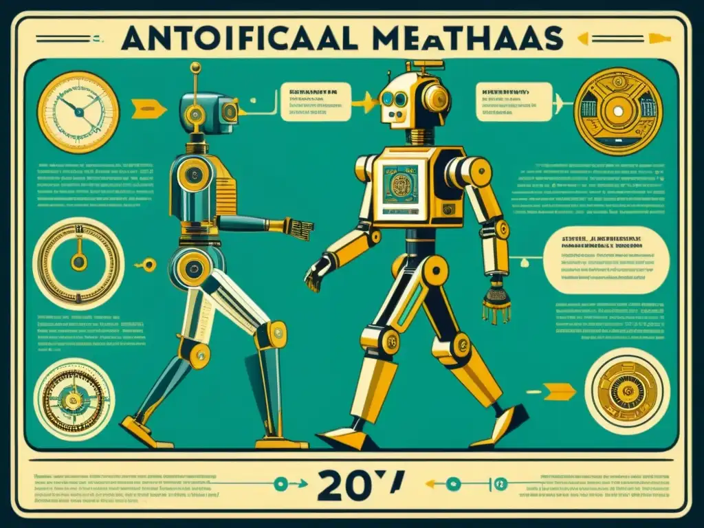 Una ilustración detallada y vintage de la evolución de la automatización robótica a lo largo de la historia, desde mecanismos mecánicos antiguos hasta la integración futurista de la IA y los robots en la sociedad