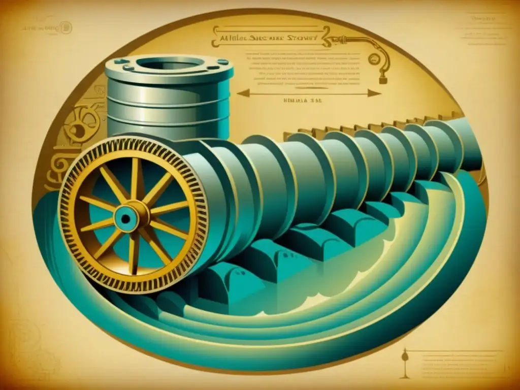 Una ilustración detallada y vintage de la aplicación del tornillo de Arquímedes, mostrando su intrincado diseño y mecanismo de riego antiguo