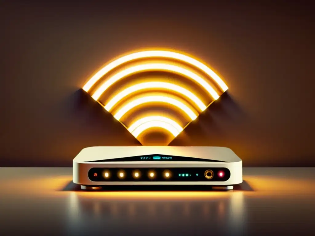 Una ilustración vintage de un elegante router WiFi 6 rodeado de señales inalámbricas, simbolizando la revolucionaria conectividad