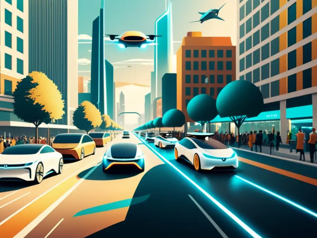 Una ilustración estilo vintage de una bulliciosa calle de la ciudad llena de vehículos eléctricos autónomos, mostrando un paisaje urbano futurista con diseños aerodinámicos y tecnología avanzada integrada en la infraestructura