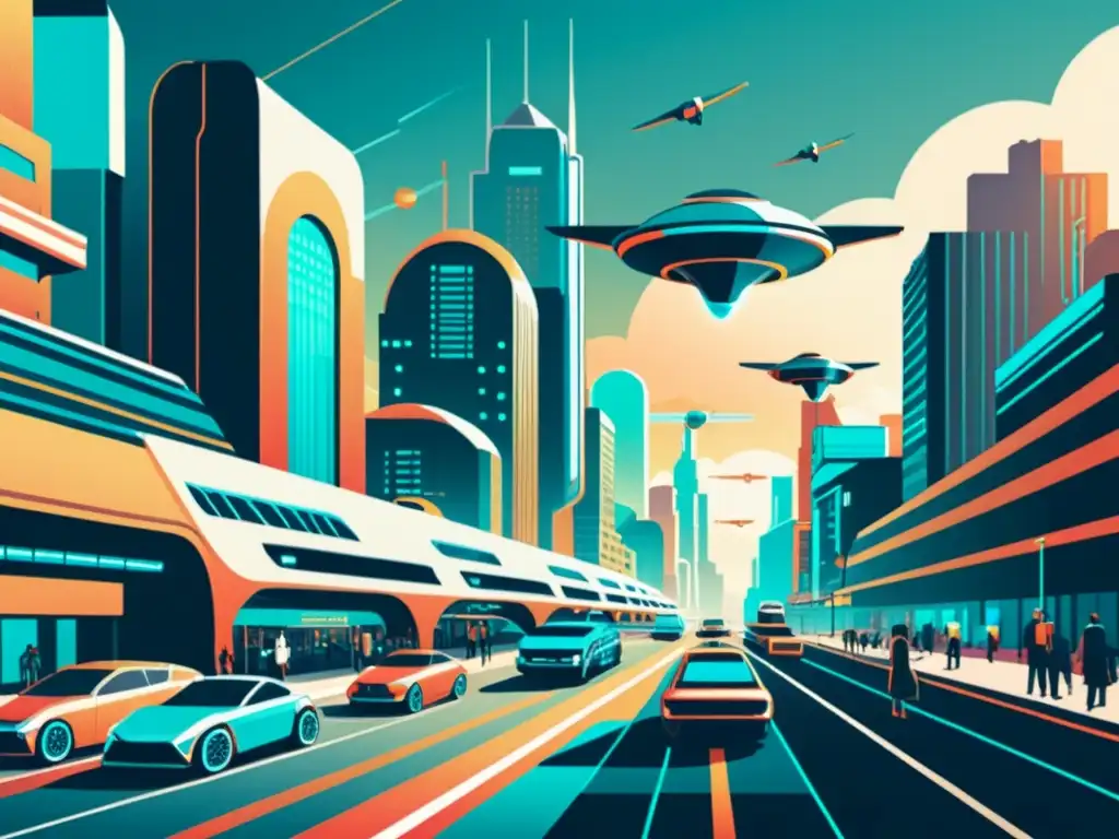 Una ilustración estilo vintage de una ciudad futurista con edificios metálicos y avanzados sistemas de transporte AI integrados