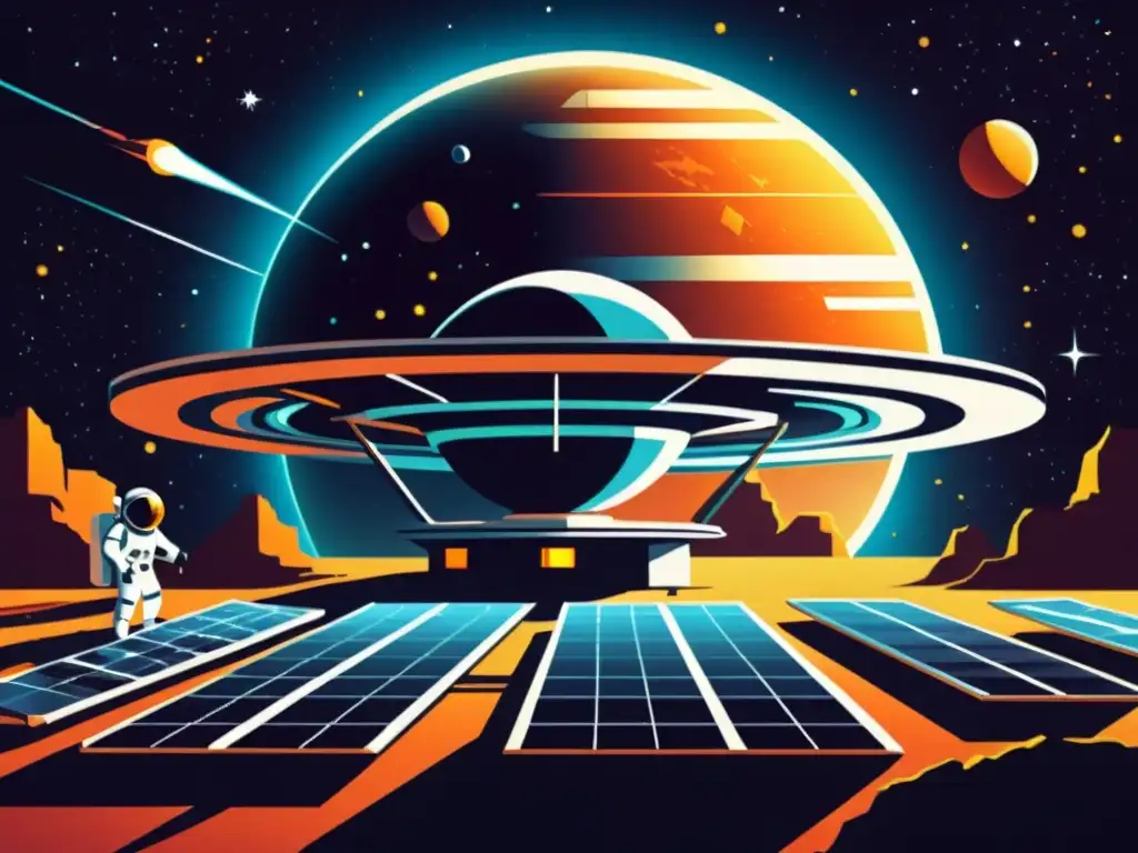 Una ilustración de estilo vintage de una estación espacial futurista con paneles solares relucientes en el sol, rodeada de un espacio cósmico