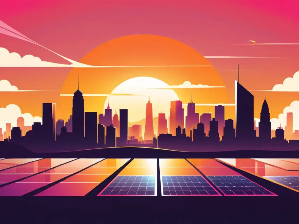 Una ilustración de estilo vintage de un horizonte de ciudad futurista con paneles solares avanzados integrados en la arquitectura de cada edificio