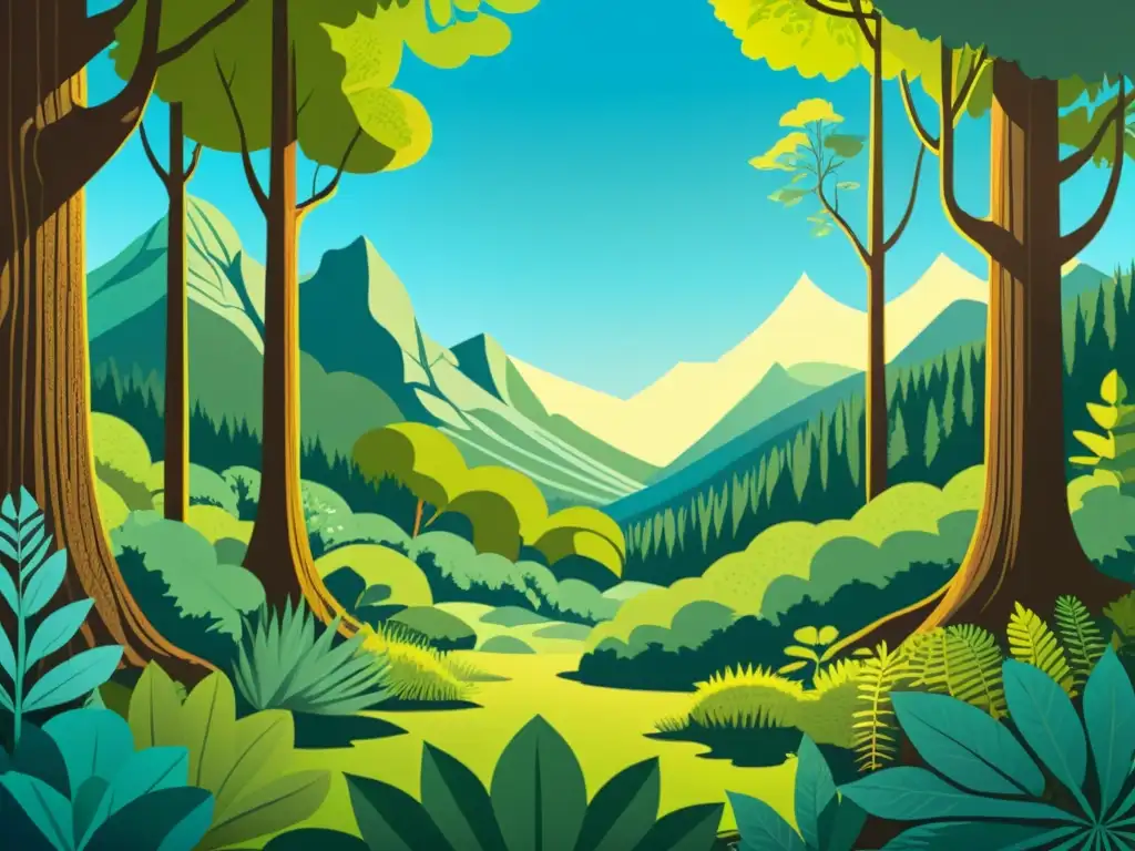 Una ilustración vintage de un exuberante bosque verde con detalles de plantas y animales, y una sensación de armonía ambiental y belleza natural