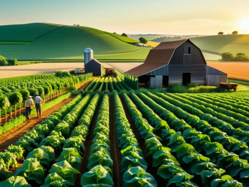 Una ilustración vintage de un exuberante campo agrícola con cultivos vibrantes y una cálida luz dorada