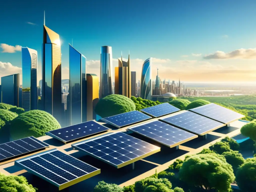 Una ilustración de una futurista ciudad con modernos edificios y paneles solares integrados, mostrando los beneficios de los paneles solares en un entorno sostenible y avanzado