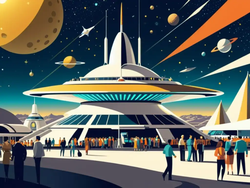 Una ilustración vintage de un futurista espacioportuario con startups tecnológicas, financiamiento y capital riesgo, evocando la era dorada de la exploración espacial