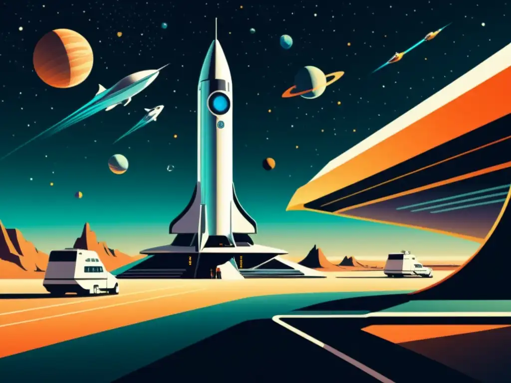 Una ilustración vintage de un futurista puerto espacial con naves reutilizables, actividad bulliciosa y un paisaje alienígena vibrante