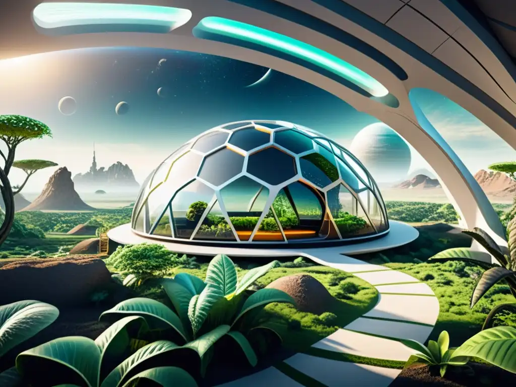 Una ilustración de un hábitat espacial futurista con innovaciones sostenibles para la vida en otros planetas, rodeado de un paisaje alienígena