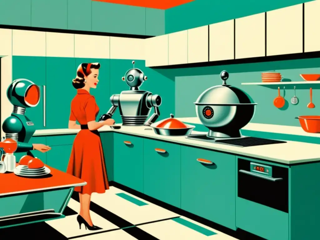 Una ilustración vintage de un hogar de los años 50 con una cocina futurista automatizada