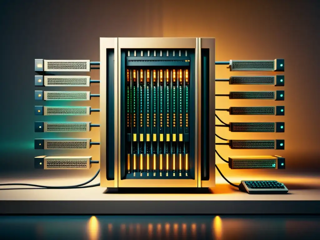 Una ilustración vintage de un imponente mainframe rodeado de datos y código binario, evocando la importancia del Big Data en decisiones