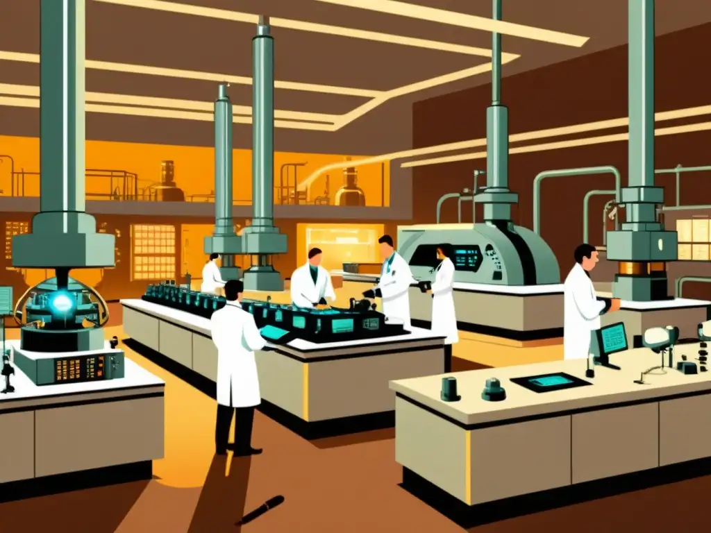 Una ilustración vintage de un laboratorio científico con científicos en batas blancas trabajando en maquinaria avanzada para la fusión nuclear como fuente energética, evocando descubrimientos científicos de vanguardia en tonos cálidos sepia