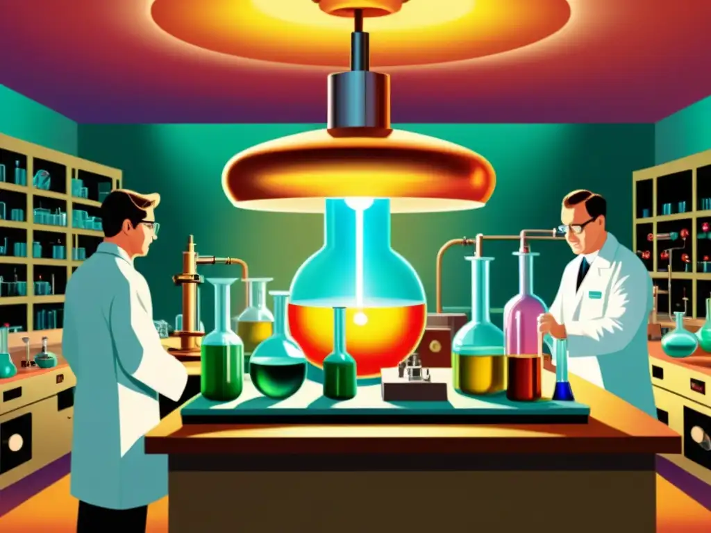 Una ilustración vintage de un laboratorio científico con científicos trabajando en experimentos de fusión nuclear como fuente energética