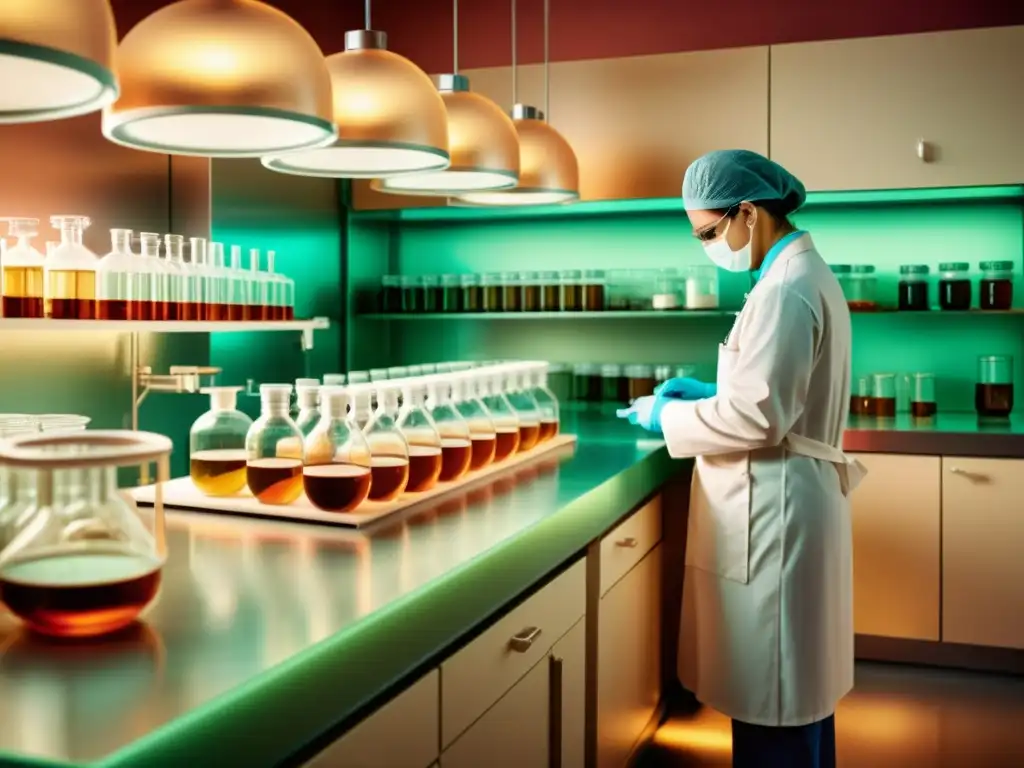 Extracción de células madre en laboratorio: dedicación y precisión Una ilustración vintage de un laboratorio donde científicos cultivan células madre para aplicaciones terapéuticas, con tonos cálidos y expresiones de precisión y dedicación