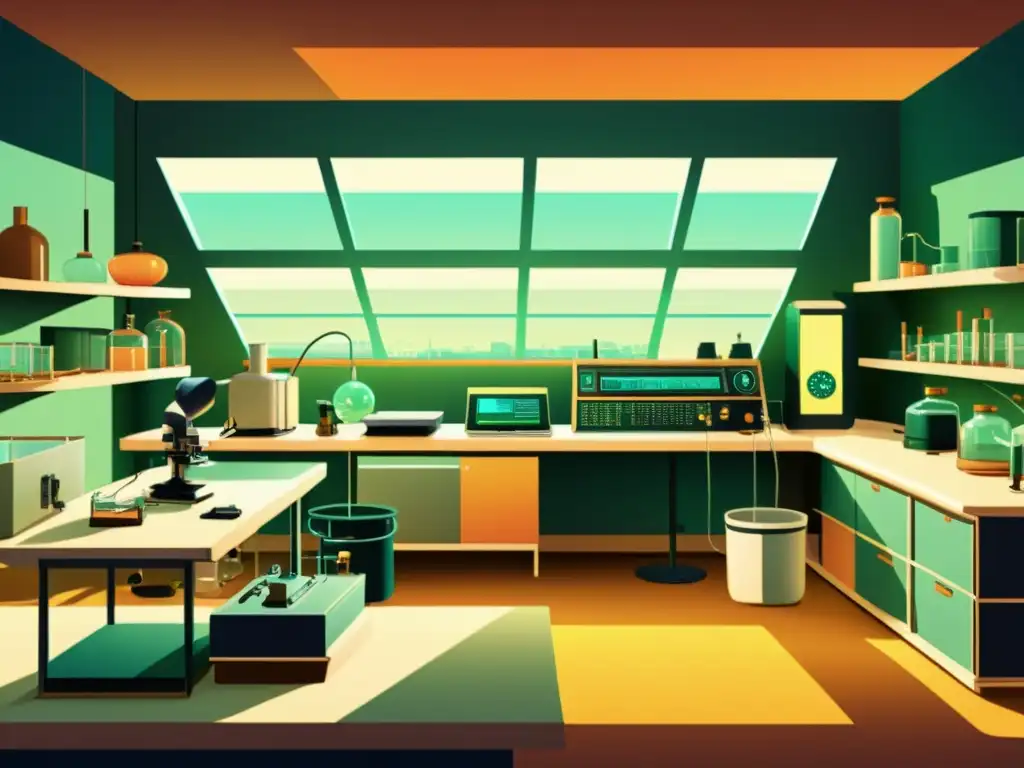 Una ilustración vintage de un laboratorio virtual, con estudiantes realizando experimentos en un entorno futurista