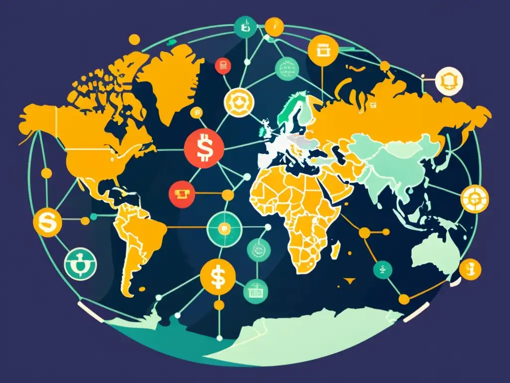 Una ilustración vintage de un mapa global conectado, representando el ecosistema DeFi con diversidad de monedas y símbolos financieros