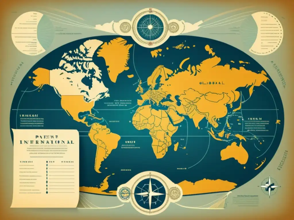 Una ilustración vintage de un mapa global con documentos de patentes volando alrededor del mundo, mostrando el impacto de patentes internacionales en tecnología