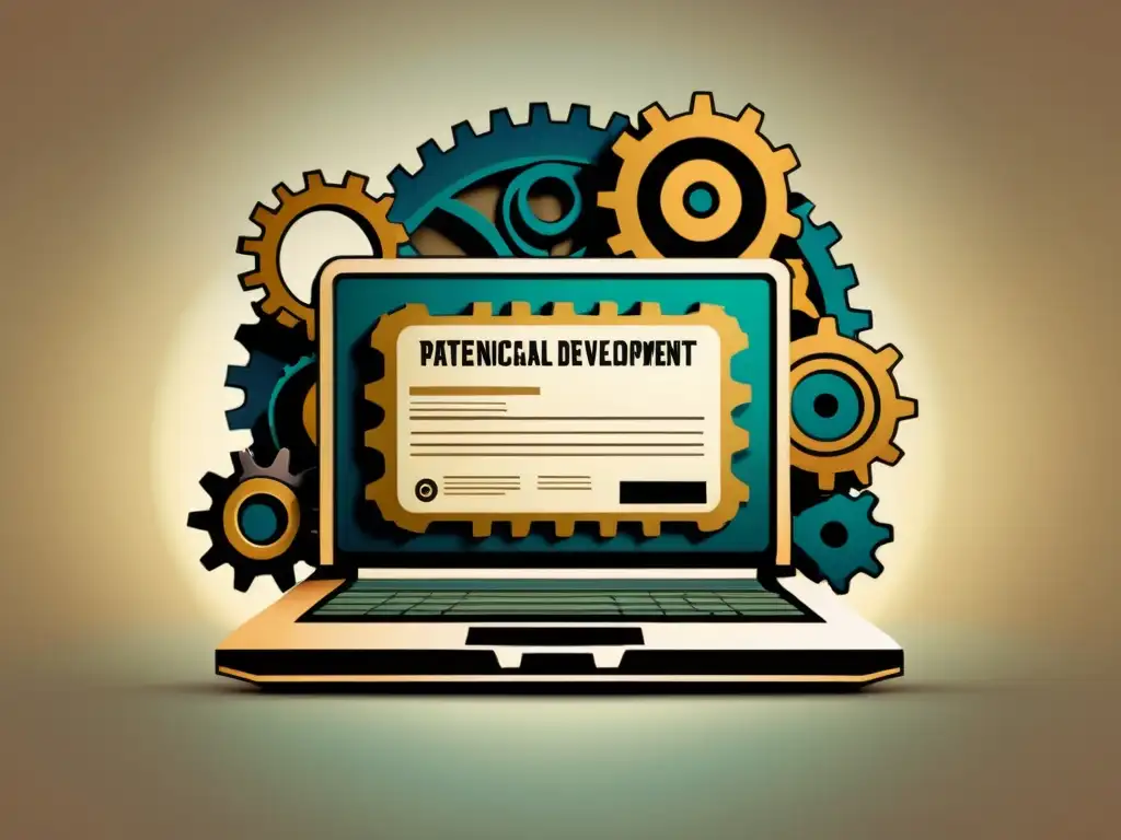 Una ilustración vintage de un ordenador con engranajes y engranajes, simbolizando la complejidad y el aspecto mecánico del desarrollo de software, con un certificado de patente estilizado superpuesto, que muestra la idea de patentar software