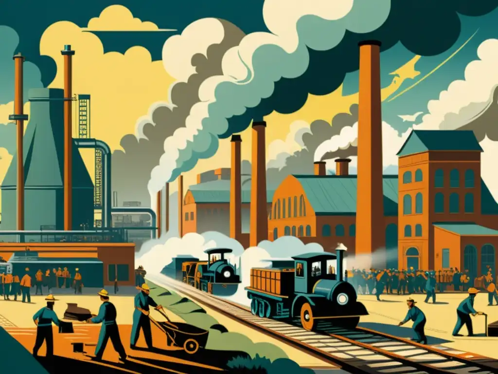 Una ilustración vintage de un paisaje industrial bullicioso, con vapor emanando de grandes turbinas rodeadas de trabajadores en monos y gorras planas