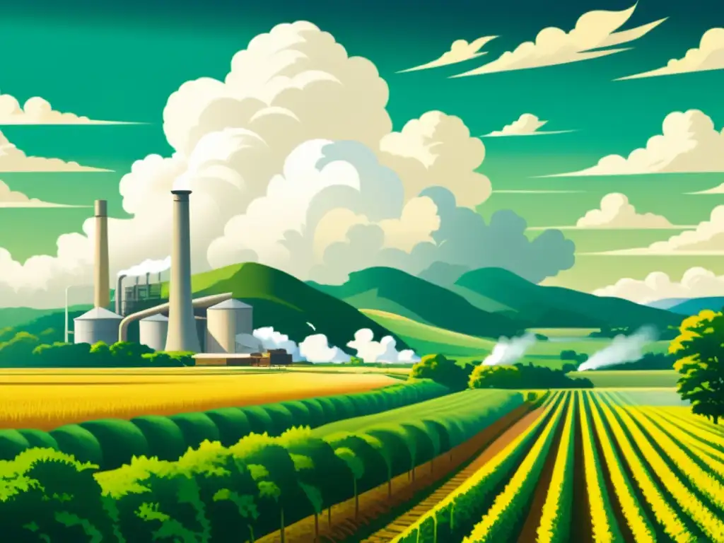 Una ilustración vintage de un paisaje rural bullicioso con una planta de energía de biomasa en medio de campos de cultivo