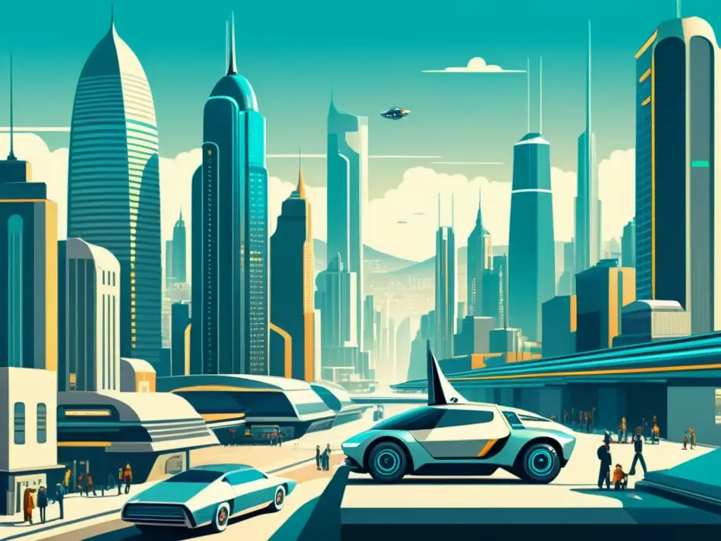 Una ilustración vintage de un paisaje urbano futurista con robots AI integrándose en la sociedad humana, mostrando el desarrollo histórico de la inteligencia artificial en una ciudad retrofuturista