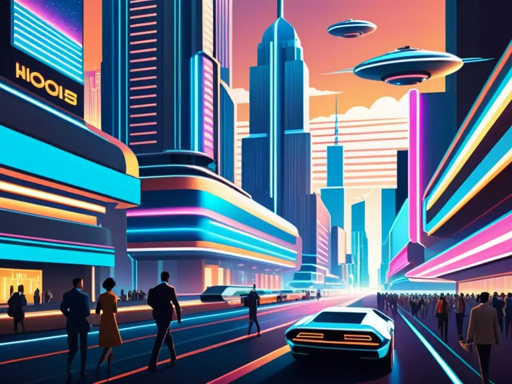 Una ilustración vintage de un paisaje urbano futurista con rascacielos metálicos, hologramas y tecnología avanzada