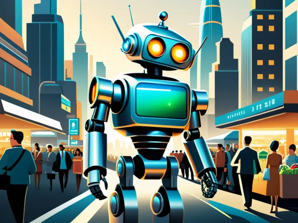 Una ilustración vintage de un robot futurista asistiendo amigablemente en una ciudad avanzada, mostrando avances en robótica e inteligencia artificial