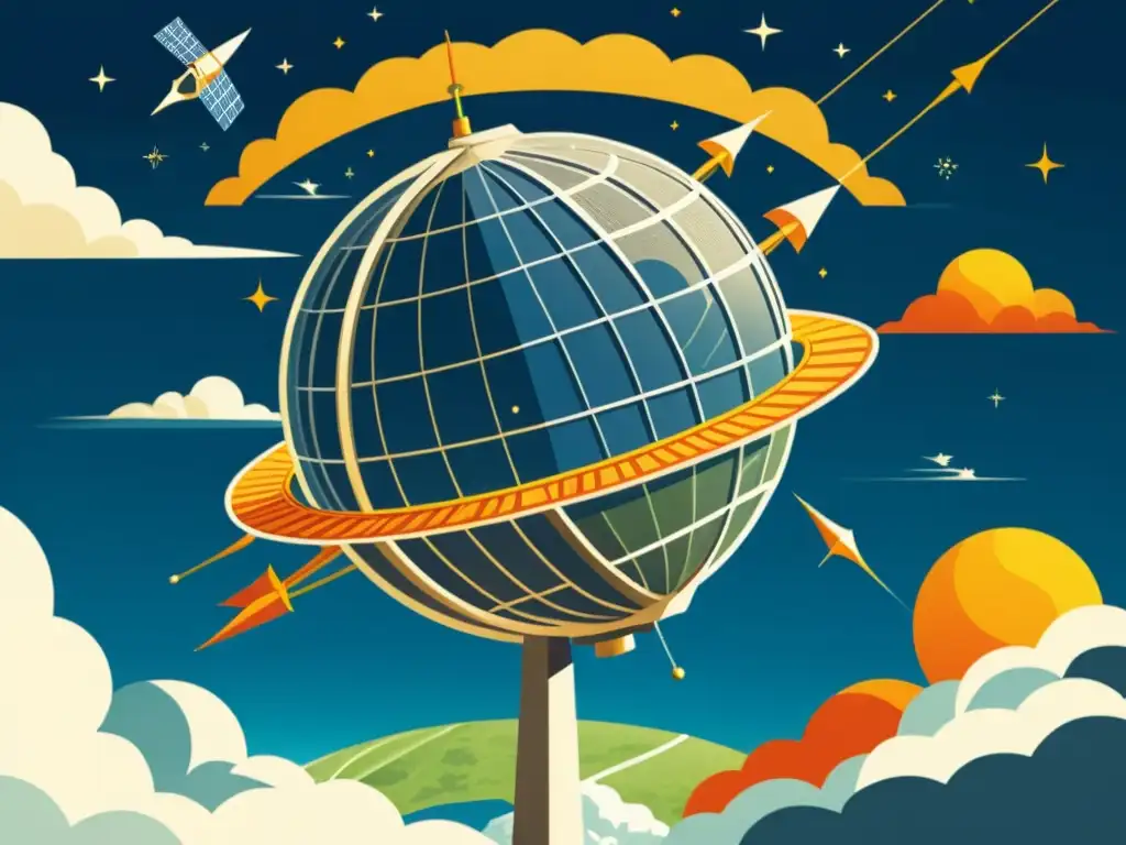 Una ilustración vintage de un satélite meteorológico orbitando la Tierra, capturando formaciones de nubes y patrones climáticos detallados, junto a una representación histórica de un invento innovador de energía renovable, como un molino de viento o una presa hidroeléctrica,