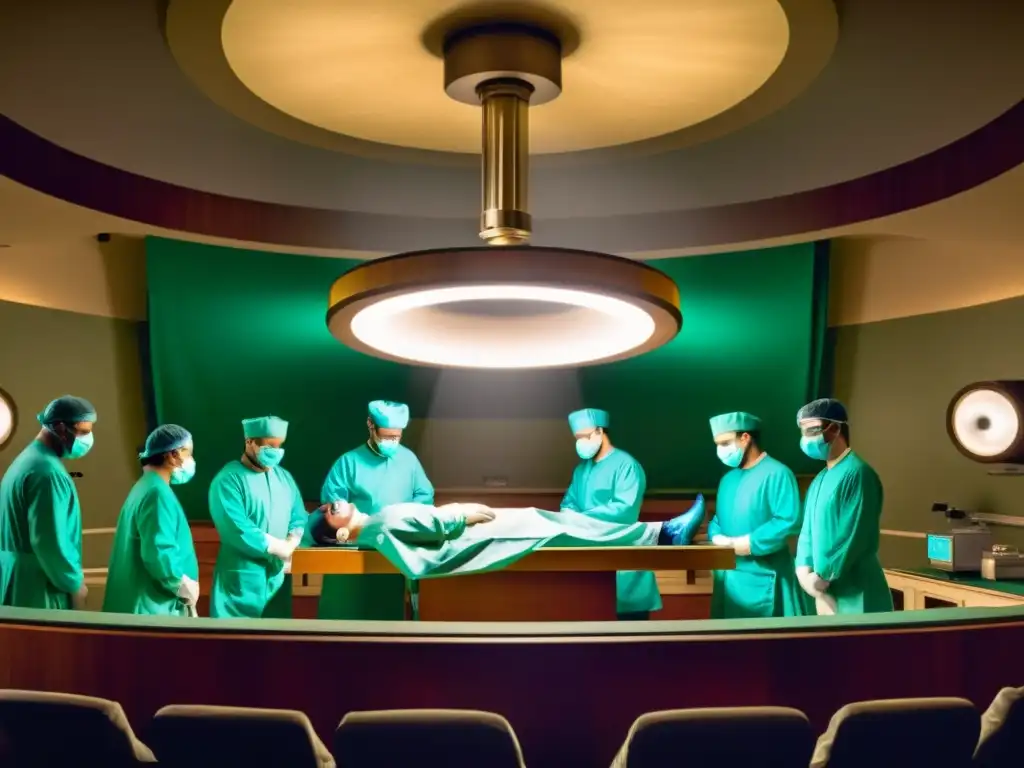 Escena quirúrgica del siglo XIX: avance médico y drama Una ilustración vintage de un teatro de operaciones del siglo XIX, con cirujanos en atuendos antiguos realizando una cirugía en un paciente