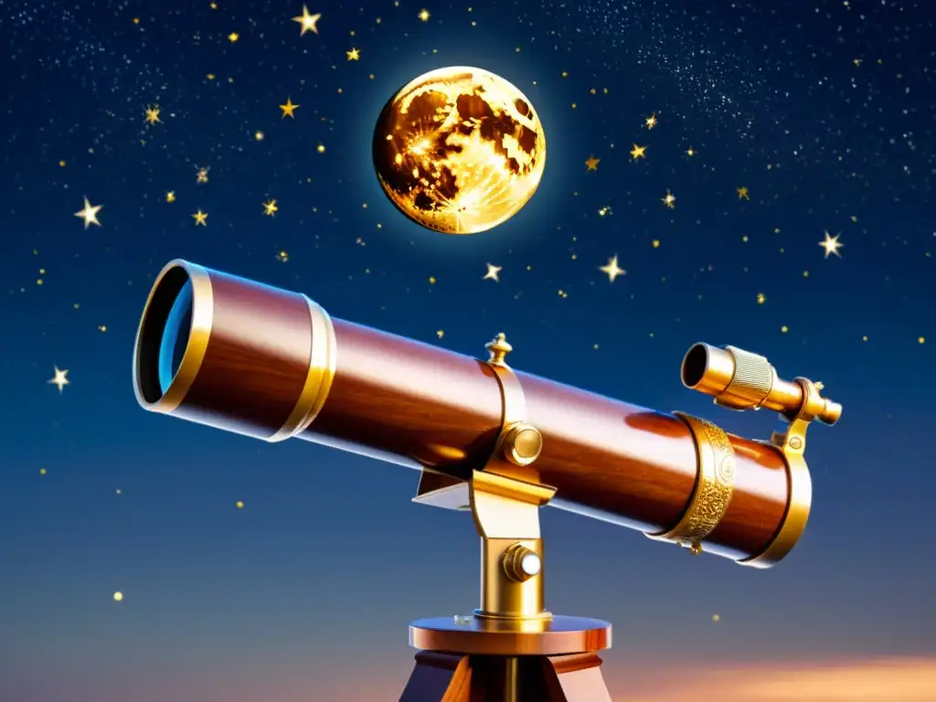 Una ilustración de un telescopio vintage apuntando hacia un planeta distante en el cielo estrellado, evocando técnicas de observación de exoplanetas