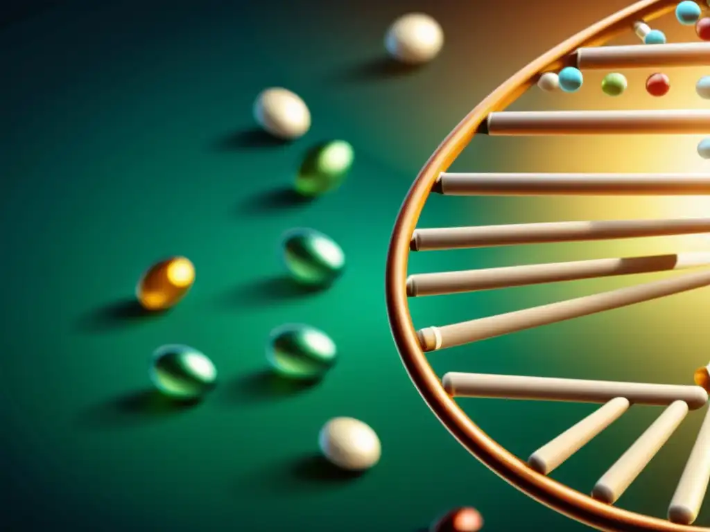 Una ilustración vintage de un ADN con cápsulas de medicina personalizada, en un laboratorio científico con equipamiento antiguo
