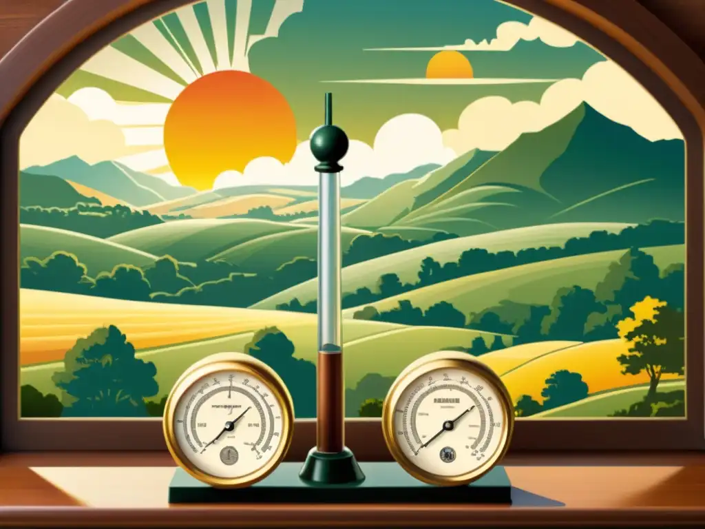 Una ilustración vintage de un barómetro y un anemómetro en un paisaje campestre, con luz cálida del sol