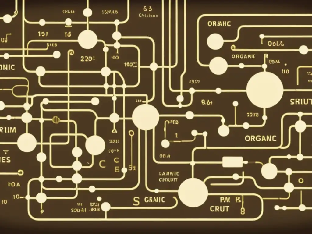 Una ilustración vintage de un circuito molecular complejo, con intrincados caminos y nodos interconectados en un encanto antiguo