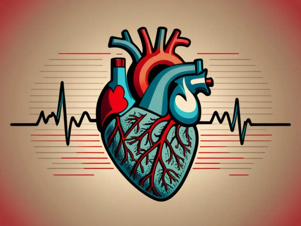 Una ilustración vintage de un corazón humano con un ECG, en tonos cálidos y detallada