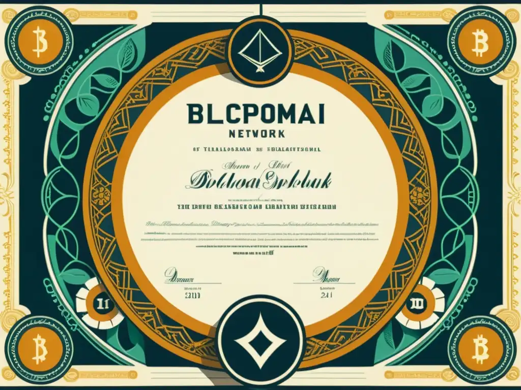 Una ilustración vintage de un diploma tradicional con una superposición de red blockchain, detallando símbolos criptográficos y paletas de colores retro