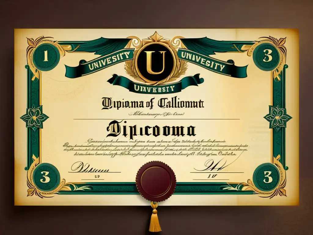 Una ilustración vintage de un diploma universitario con detalles intrincados y caligrafía adornada