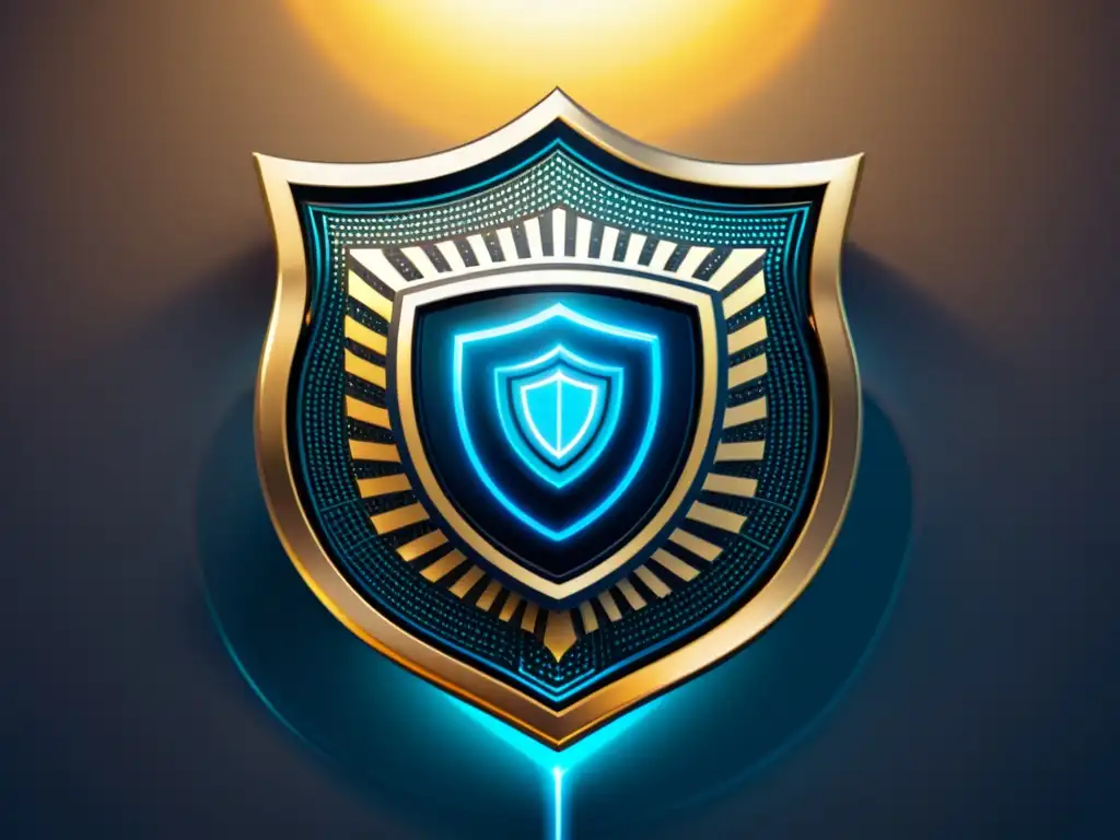 Una ilustración vintage de un escudo futurista, con detalles metálicos intrincados y un núcleo brillante de inteligencia artificial en el centro