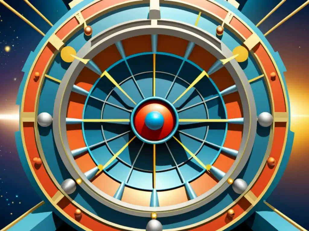 Una ilustración vintage del Gran Colisionador de Hadrones (LHC) con detalles de colisiones de partículas, incluyendo el Bosón de Higgs emergiendo