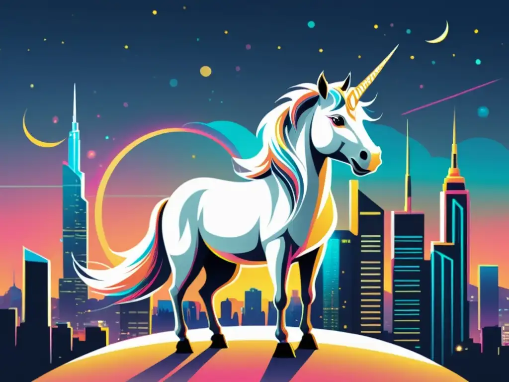 Una ilustración vintage de un majestuoso unicornio entre rascacielos futuristas y luces de neón en la ciudad