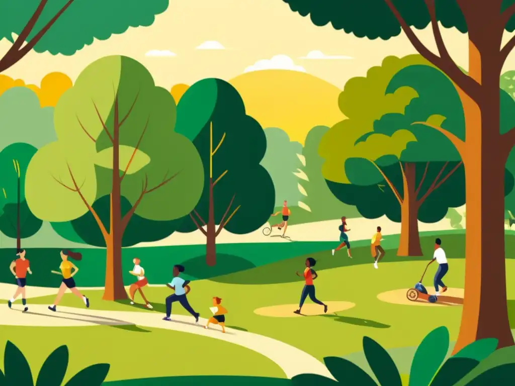 Una ilustración vintage de personas disfrutando actividades al aire libre en un parque, con un ambiente cálido y comunitario