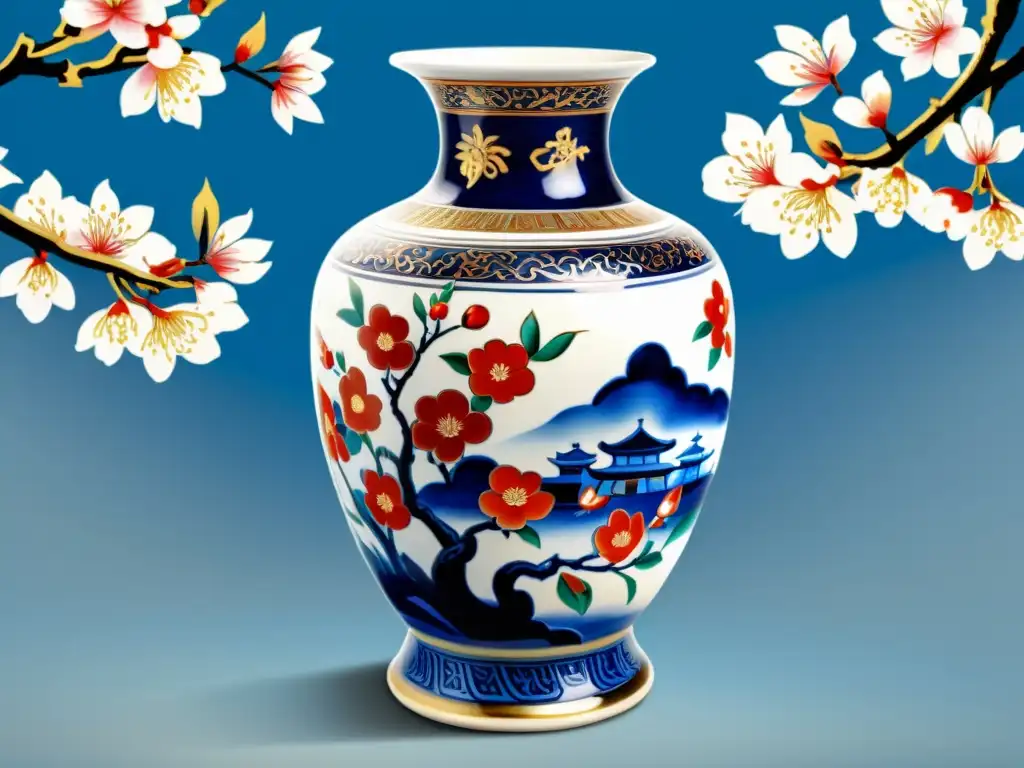 Una ilustración vintage de un jarrón de porcelana tradicional china, pintado con motivos florales detallados en tonos azules, rojos y dorados