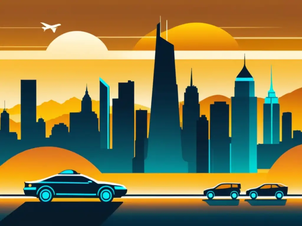 Una ilustración vintage de un skyline futurista con dispositivos móviles de pago integrados, evocando el futuro de los pagos móviles