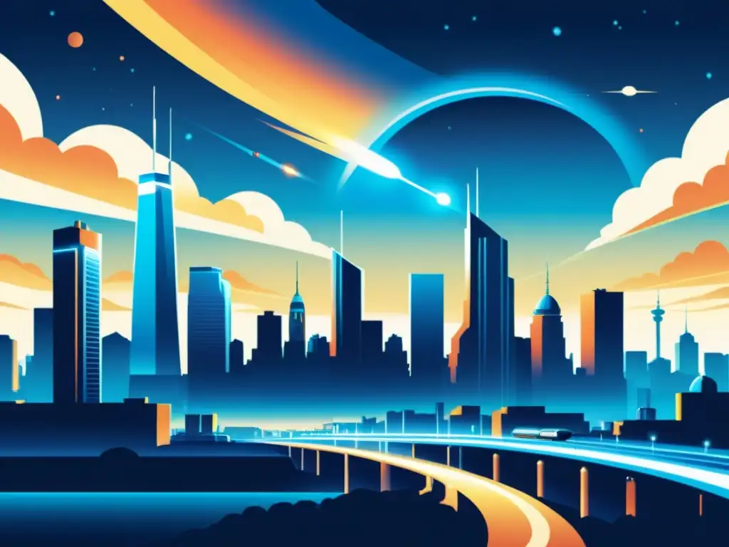 Una ilustración vintage de un skyline futurista alimentado por reactores de fusión, con edificios elegantes y monorraíles entre ellos